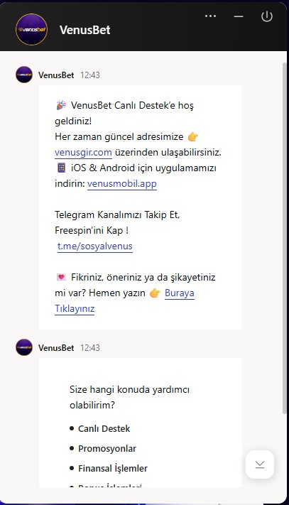 Venusbet canlı destek ekranı
