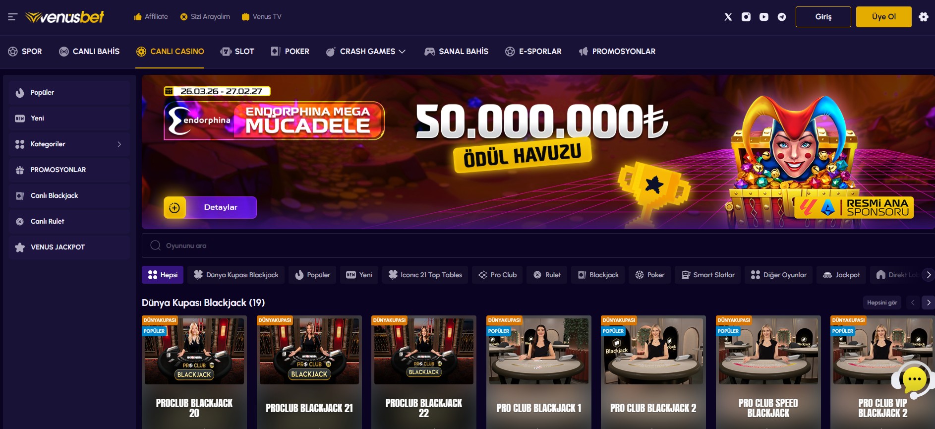 Venusbet canlı casino ekranı