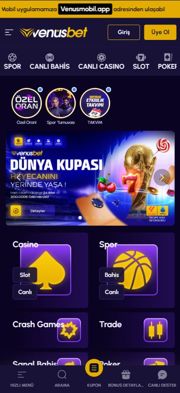 Venusbet mobil görünümü