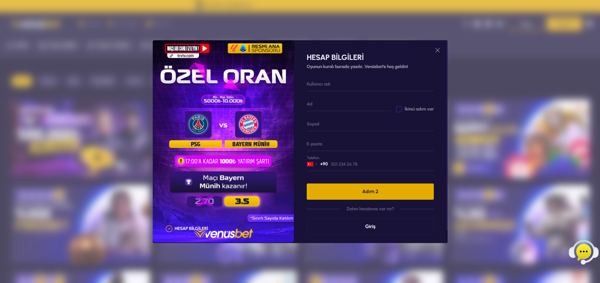 Venusbet üyelik ekranı